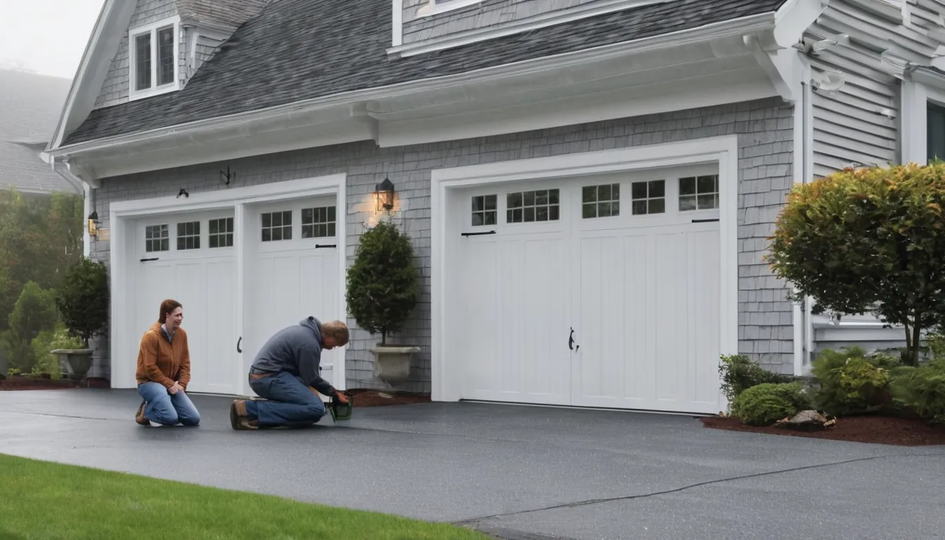 Friendly garage door provider checking the track of a residential garage door while a homeowner in Taunton looks on