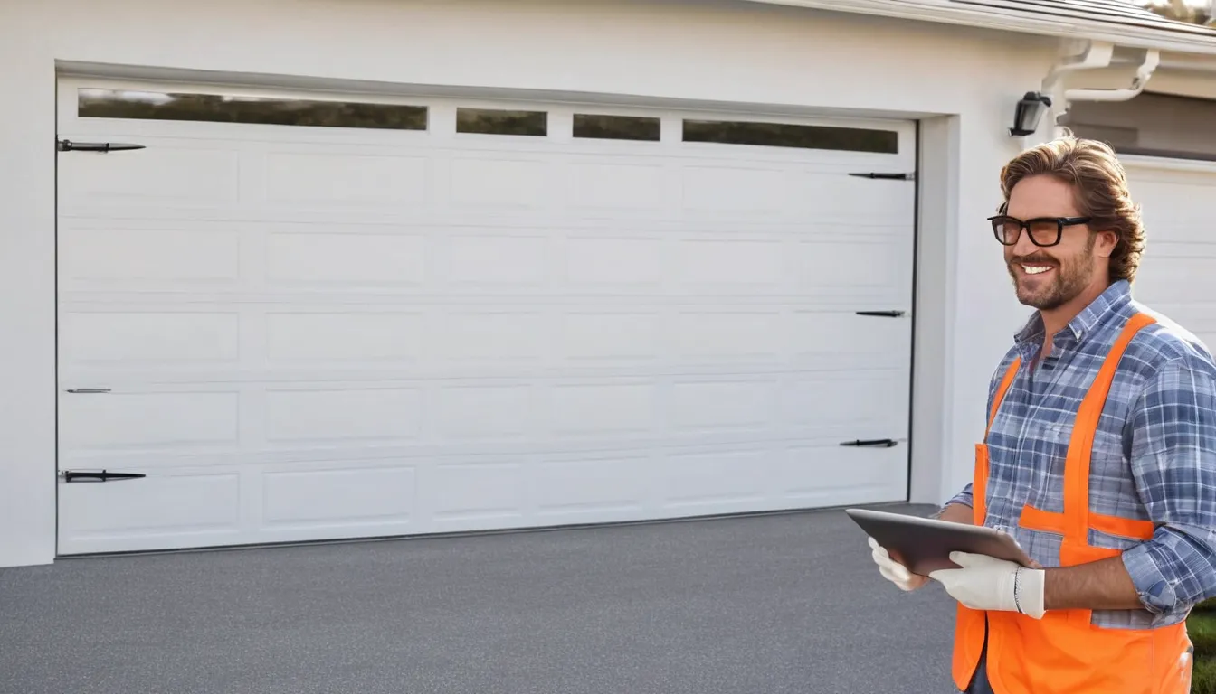 Garage door provider checking a torsion spring above a residential garage door in Taunton