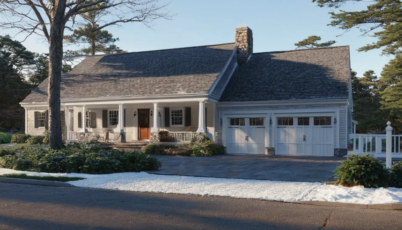 Older Taunton home with a garage door after a winter storm